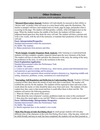 Schaffer   9


                                     Other Evidence
                  (e.g. tests, quizzes, work samples, observations)

*Dictated Observation/ Journal: Students will individually be assessed on their ability to
“picture read” or predict what will occur in a story based solely upon the illustrations. The
teacher or parapro will have each student look at a book, page by page, and predict what is
occurring on the page. The student will then predict, verbally, what will happen next on the
page. When the student reaches the middle of the book, the students will then make a
judgment based upon how they think the story will end. The student will draw a picture and
write a few words, with the aid of the instructor, to translate their prediction of how the story
will end.
Facet- Interpretation/Perspective
Standard demonstrated within this assessment:
ELAKR6: The students:
b. Makes predictions from pictures and titles.

*Work Sample- Graphic Organizer Book Analysis: After listening to a read-aloud book
students will then complete a graphic organizer based upon the story elements of the book.
The student will have to describe and draw the characters in the story, the setting of the story,
the problem(s) in the story, as well as the resolution in the story.
Facet-Explanation/Application
Standard demonstrated within this Performance Task:
ELAKR6: The students:
a. Listens to and reads a variety of literary (e.g., short stories, poems) and informational texts
and materials to gain knowledge and for pleasure.
c. Asks and answers questions about essential narrative elements (e.g., beginning-middle-end,
setting, characters, problems, events, resolution) of a read-aloud text.

*Journaling: Self-Regulation and Reflection in Understanding Morals: Students will keep
a journal of their ideas about the morals of each story that is read aloud. The teacher will
scaffold this activity for the students. The students will be expected to draw and write a few
words about the moral, or what should be taken away from each story. The students will also
explain how they came to that moral and how it could affect them in their real life. The
students will answer the following questions:
1. What do I think is the moral of this story?
2. What about the story (character’s actions, problems) made me come to this conclusion?
3. How does this moral apply to my real life? What is a situation when I could use this moral?
Facet- Self-Knowledge, Interpretation, Perspective
Standard demonstrated within this Performance Task:
ELAKR6: The students:
h. Retells important facts in the student’s own words.

*Role-Play/Drama of Little Red Riding Hood: In small groups students will role-play
different roles of the characters in the Little Red Riding Hood story. After the play, which will
be child-friendly and easy-to read, has been completed, the students will use their journals to
 