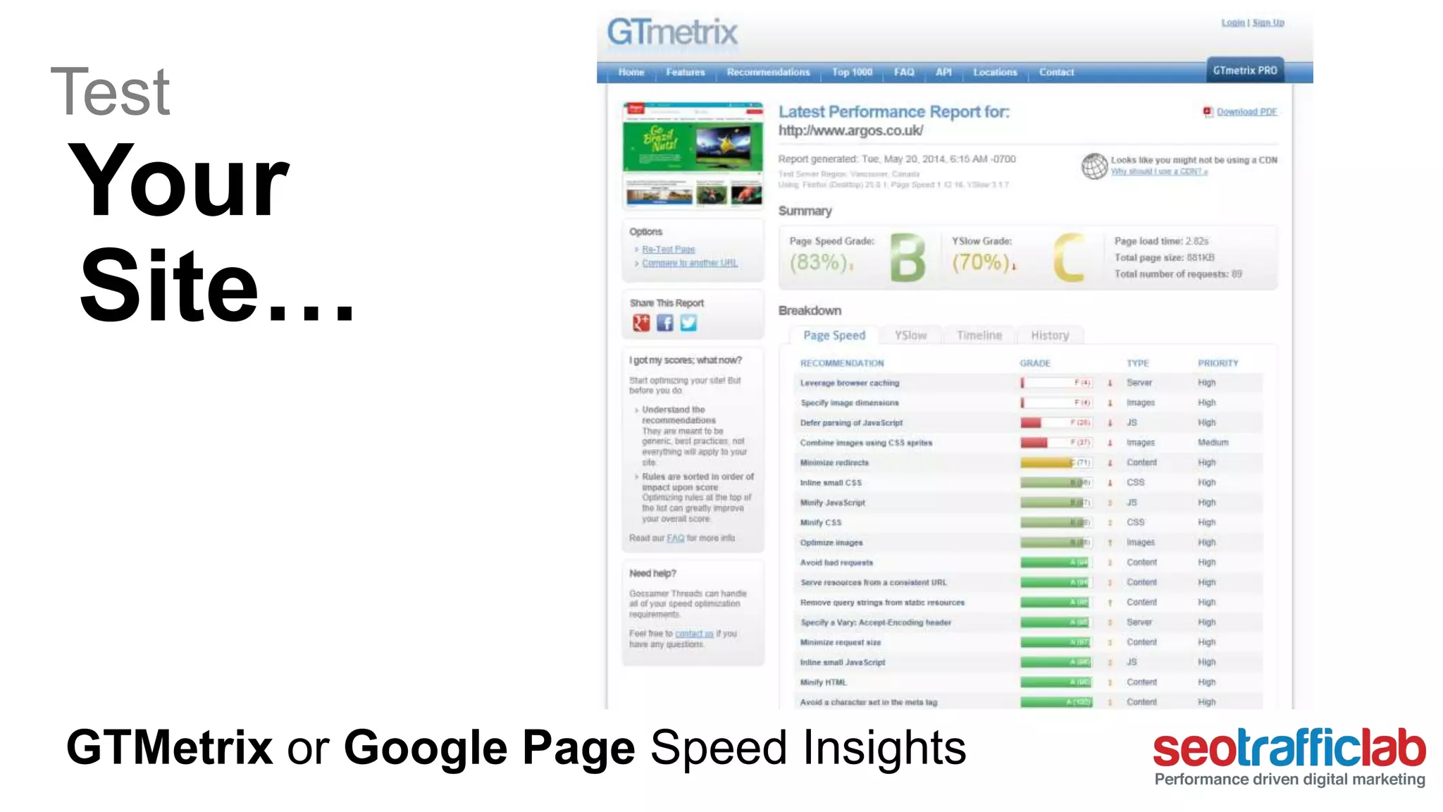 Test 
Your 
Site… 
GTMetrix or Google Page Speed Insights 
 