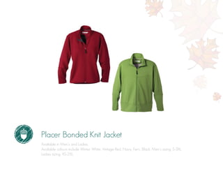 Placer Bonded Knit Jacket
Available in Men’s and Ladies.
Available colours include Winter White, Vintage Red, Navy, Fern, Black. Men’s sizing: S-3XL.
Ladies sizing: XS-2XL.
 