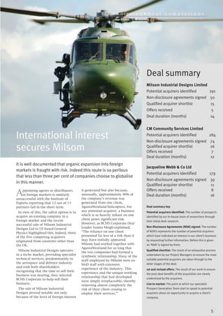 BCMS Corporate• D e a l                   c o m p l e t i on s




                                                                                   Deal summary
                                                                                   Milsom Industrial Designs Limited
                                                                                   Potential acquirers identified                     291
                                                                                   Non-disclosure agreements signed 50
                                                                                   Qualified acquirer shortlist                        15
                                                                                   Offers received                                     5
                                                                                   Deal duration (months)                              14


                                                                                   CM Community Services Limited

International interest                                                             Potential acquirers identified
                                                                                   Non-disclosure agreements signed 74
                                                                                                                                     284


secures Milsom                                                                     Qualified acquirer shortlist
                                                                                   Offers received
                                                                                                                    26
                                                                                                                     7
                                                                                   Deal duration (months)           12
It is well documented that organic expansion into foreign
                                                                                   Jacqueline Webb & Co Ltd
markets is fraught with risk. Indeed this route is so perilous
                                                                                   Potential acquirers identified                     179
that less than three per cent of companies choose to globalise
                                                                                   Non-disclosure agreements signed 39


A
in this manner.
                                                                                   Qualified acquirer shortlist     11
    ppointing agents or distributors        it generated but also because,         Offers received                   8
    in foreign markets is similarly         unusually, approximately 90% of
                                            the company’s revenue was
                                                                                   Deal duration (months)           16
unsuccessful with the Institute of
Exports reporting that 12 out of 13         generated from one client,
partners fail in the short term.            AgustaWestland helicopters. For        Deal summary key
 In view of this, the safest option is to   any potential acquirer, a business
                                            which is so heavily reliant on one
                                                                                   Potential acquirers identified: The number of prospects
acquire an existing company in a
foreign market and the recent               client poses significant risk.
                                                                                   identified by our in-house team of researchers through

successful sale of Milsom Industrial        However, as BCMS Corporate Deal
                                                                                   their initial desk research.

Designs Ltd to US based General             Leader Sunita Meigh explained,         Non-Disclosure Agreements (NDA) signed: The number

Physics highlighted this. Indeed, three     “The reliance on one client            of NDA’s represents the number of potential acquirers
of the five competing acquirers             presented far less of a risk than it   which have indicated an interest in our client’s business
originated from countries other than        may have initially appeared.
                                            Milsom had worked together with
                                                                                   by requesting further information. Before this is given
the UK.
                                            AgustaWestland for so long that
                                                                                   an ‘NDA’ is signed by them.
  Milsom Industrial Designs operates
                                            the two companies had formed a
                                                                                   Qualified shortlist: The result of an exhaustive process
in a niche market, providing specialist
                                            symbiotic relationship. Many of the
technical services, predominantly to
                                                                                   undertaken by our Project Managers to ensure the most
                                            staff employed by Milsom were ex-
the aerospace and defence industry
                                                                                   suitable potential acquirers are taken through to the
                                            MoD staff with extensive
and with both shareholders
                                                                                   latter stages of the deal.
                                            experience of the industry. This
recognising that the time to sell their
                                            experience and the unique working
                                                                                   1st and revised offers: The result of our work to ensure
business was nearing, they selected
                                            relationship that had developed
                                                                                   the post-deal benefits of the acquisition are clearly
BCMS Corporate to help sell their
                                            were simply irreplaceable, thereby
                                                                                   understood by the acquirers.
business.
                                            removing almost completely the         Live to market: The point at which our specialist
 The sale of Milsom Industrial              risk of their client ceasing to        Prospect Generation Team start to speak to potential
Designs proved notable not only             employ their services.”’
because of the level of foreign interest
                                                                                   acquirers about an opportunity to acquire a client’s
                                                                                   company.



                                                                                                                                       5
 