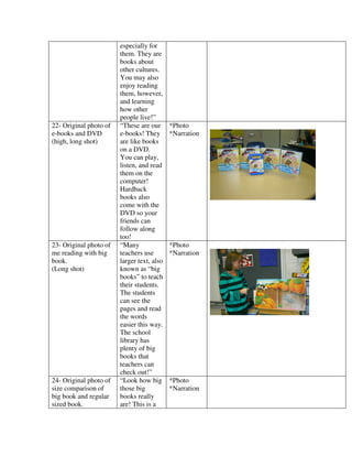 especially for
                        them. They are
                        books about
                        other cultures.
                        You may also
                        enjoy reading
                        them, however,
                        and learning
                        how other
                        people live!”
22- Original photo of   “These are our      *Photo
e-books and DVD         e-books! They       *Narration
(high, long shot)       are like books
                        on a DVD.
                        You can play,
                        listen, and read
                        them on the
                        computer!
                        Hardback
                        books also
                        come with the
                        DVD so your
                        friends can
                        follow along
                        too!
23- Original photo of   “Many               *Photo
me reading with big     teachers use        *Narration
book.                   larger text, also
(Long shot)             known as “big
                        books” to teach
                        their students.
                        The students
                        can see the
                        pages and read
                        the words
                        easier this way.
                        The school
                        library has
                        plenty of big
                        books that
                        teachers can
                        check out!”
24- Original photo of   “Look how big       *Photo
size comparison of      those big           *Narration
big book and regular    books really
sized book.             are! This is a
 