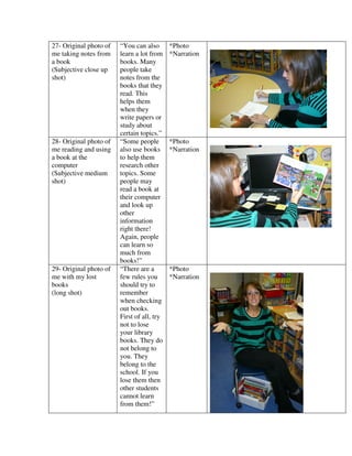 27- Original photo of   “You can also       *Photo
me taking notes from    learn a lot from    *Narration
a book                  books. Many
(Subjective close up    people take
shot)                   notes from the
                        books that they
                        read. This
                        helps them
                        when they
                        write papers or
                        study about
                        certain topics.”
28- Original photo of   “Some people        *Photo
me reading and using    also use books      *Narration
a book at the           to help them
computer                research other
(Subjective medium      topics. Some
shot)                   people may
                        read a book at
                        their computer
                        and look up
                        other
                        information
                        right there!
                        Again, people
                        can learn so
                        much from
                        books!”
29- Original photo of   “There are a        *Photo
me with my lost         few rules you       *Narration
books                   should try to
(long shot)             remember
                        when checking
                        out books.
                        First of all, try
                        not to lose
                        your library
                        books. They do
                        not belong to
                        you. They
                        belong to the
                        school. If you
                        lose them then
                        other students
                        cannot learn
                        from them!”
 
