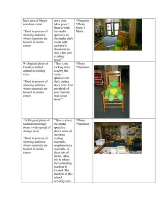 back area of library    story time         *Narration
(medium view)           takes place!       *Photo
                        Once a week        Story 3
*Used in process of     the media          Music
showing audience        specialist or
where materials are     the media clerk
located in media        meets with
center                  each pre-k
                        classroom to
                        read a fun and
                        exciting
                        book!”
9- Original photo of    “This is the       *Photo
Franklin stuffed        rocking chair      *Narration
animal in rocking       used by the
chair                   media
                        specialist or
*Used in process of     clerk during
showing audience        story time. Can
where materials are     you think of
located in media        your favorite
center                  read-aloud
                        book?”




10- Original photo of   “This is where     *Photo
lamination/storage      the media          *Narration
room (wide spread of    specialist
storage area)           stores some of
                        the extra
*Used in process of     reading
showing audience        materials,
where materials are     supplementary
located in media        materials, or
center                  class sets of
                        books. Also,
                        this is where
                        the laminating
                        machine is
                        located. The
                        teachers in this
                        school
                        certainly love
 