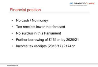 pkf-francisclark.co.uk
.
Financial position
• No cash / No money
• Tax receipts lower that forecast
• No surplus in this Parliament
• Further borrowing of £161bn by 2020/21
• Income tax receipts (2016/17) £174bn
 