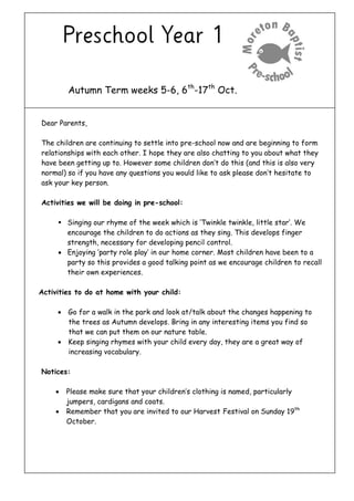 Autumn Term weeks 5-6, 6th-17th Oct. 
Dear Parents, 
The children are continuing to settle into pre-school now and are beginning to form relationships with each other. I hope they are also chatting to you about what they have been getting up to. However some children don’t do this (and this is also very normal) so if you have any questions you would like to ask please don’t hesitate to ask your key person. 
Activities we will be doing in pre-school: 
 Singing our rhyme of the week which is ‘Twinkle twinkle, little star’. We encourage the children to do actions as they sing. This develops finger strength, necessary for developing pencil control. 
 Enjoying ‘party role play’ in our home corner. Most children have been to a party so this provides a good talking point as we encourage children to recall their own experiences. 
Activities to do at home with your child: 
 Go for a walk in the park and look at/talk about the changes happening to the trees as Autumn develops. Bring in any interesting items you find so that we can put them on our nature table. 
 Keep singing rhymes with your child every day, they are a great way of increasing vocabulary. 
Notices: 
 Please make sure that your children’s clothing is named, particularly jumpers, cardigans and coats. 
 Remember that you are invited to our Harvest Festival on Sunday 19th October. 