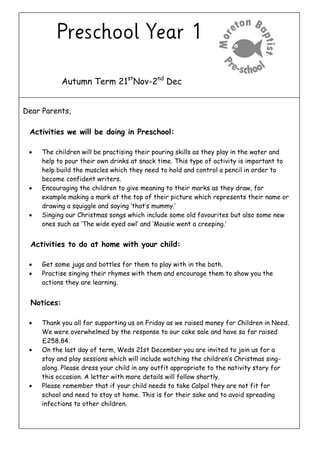 Autumn Term 21st
Nov-2nd
Dec
Dear Parents,
Activities we will be doing in Preschool:
 The children will be practising their pouring skills as they play in the water and
help to pour their own drinks at snack time. This type of activity is important to
help build the muscles which they need to hold and control a pencil in order to
become confident writers.
 Encouraging the children to give meaning to their marks as they draw, for
example making a mark at the top of their picture which represents their name or
drawing a squiggle and saying ‘that’s mummy.’
 Singing our Christmas songs which include some old favourites but also some new
ones such as ‘The wide eyed owl’ and ‘Mousie went a creeping.’
Activities to do at home with your child:
 Get some jugs and bottles for them to play with in the bath.
 Practise singing their rhymes with them and encourage them to show you the
actions they are learning.
Notices:
 Thank you all for supporting us on Friday as we raised money for Children in Need.
We were overwhelmed by the response to our cake sale and have so far raised
£258.84.
 On the last day of term, Weds 21st December you are invited to join us for a
stay and play sessions which will include watching the children’s Christmas sing-
along. Please dress your child in any outfit appropriate to the nativity story for
this occasion. A letter with more details will follow shortly.
 Please remember that if your child needs to take Calpol they are not fit for
school and need to stay at home. This is for their sake and to avoid spreading
infections to other children.
 