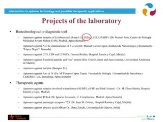 Introduction to aptamer technology and possible therapeutic applications



                          Projects of the laboratory
•    Biotechnological or diagnostic tool
      –   Aptamers against proteins of Leishmania (LiKmp-11, LiH2A, LiH3, LiPABP) (Dr. Manuel Soto, Centro de Biología
          Molecular Severo Ochoa-UAM, Madrid; Aptus Biotech)
      –   Aptamers against NL1Tc endonuclease of T. cruzi (Dr. Manuel Carlos López, Instituto de Parasitología y Biomedicina
          “López Neyra”, Granada)
      –   Aptamers against CD3, CD4 and CD8 (Dr. Ernesto Roldán, Hospital Ramón y Cajal, Madrid)
      –   Aptamers against β-amiloid peptide and “tau” protein (Drs. Ginés Lifante and Juan Jiménez, Universidad Autónoma
          de Madrid)
      –   Aptamers against bacteria (Bioapter SL)
      –   Aptamers against Apo A IV (Dr. Mª Dolores López Tejero. Facultad de Biología. Universidad de Barcelona y
          CEREMET-UB, Barcelona; Aptus Biotech)

•    Therapeutic agents
      –   Aptamers against proteins involved in translation (4E-BP1, eIF4E and Mnk1 kinase) (Dr. M. Elena Martín, Hospital
          Ramón y Cajal, Madrid)
      –   Aptamers against TLR-4 (Dr. Ignacio Lizasoaín, U. Complutense, Madrid; Aptus Biotech)
      –   Aptamers against purinergic receptors T2X (Dr. Juan M. Gómez, Hospital Ramón y Cajal, Madrid)
      –   Aptamers against abscisic acid (ABA) (Dr. Elena Zocchi, Universidad de Génova, Italia)
 