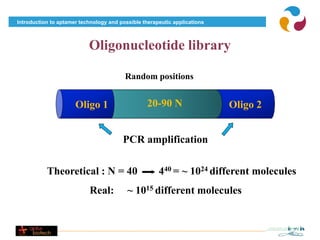 Introduction to aptamer technology and possible therapeutic applications



                           Oligonucleotide library

                                         Random positions


                      Oligo 1                     20-90 N                  Oligo 2


                                        PCR amplification

           Theoretical : N = 40                       440 = ~ 1024 different molecules
                           Real:          ~ 1015 different molecules
 