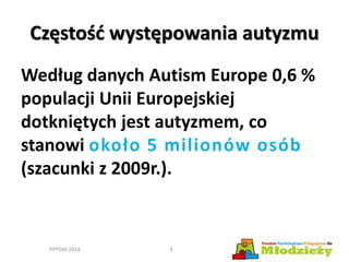 Częstość występowania autyzmu
Według danych Autism Europe 0,6 %
populacji Unii Europejskiej
dotkniętych jest autyzmem, co
stanowi około 5 milionów osób
(szacunki z 2009r.).
PPPDM 2014 3
 