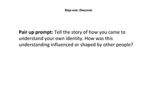Pair up prompt: Tell the story of how you came to
understand your own identity. How was this
understanding influenced or shaped by other people?
Step one: Discover
 