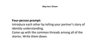 Four-person prompt:
Introduce each other by telling your partner’s story of
identity understanding.
Come up with the common threads among all of the
stories. Write them down.
Step two: Dream
 