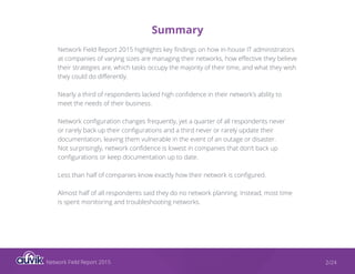 Network Field Report 2015 2/24
Summary
Network Field Report 2015 highlights key findings on how in-house IT administrators
at companies of varying sizes are managing their networks, how effective they believe
their strategies are, which tasks occupy the majority of their time, and what they wish
they could do differently.
Nearly a third of respondents lacked high confidence in their network’s ability to
meet the needs of their business.
Network configuration changes frequently, yet a quarter of all respondents never
or rarely back up their configurations and a third never or rarely update their
documentation, leaving them vulnerable in the event of an outage or disaster.
Not surprisingly, network confidence is lowest in companies that don’t back up
configurations or keep documentation up to date.
Less than half of companies know exactly how their network is configured.
Almost half of all respondents said they do no network planning. Instead, most time
is spent monitoring and troubleshooting networks.
 