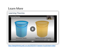 Learn More
https://designthinking.web.unc.edu/2022/03/11/session-4-quick-learn-video/
 