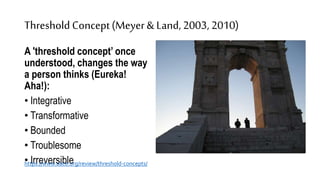 Threshold Concept(Meyer& Land,2003, 2010)
A 'threshold concept’ once
understood, changes the way
a person thinks (Eureka!
Aha!):
• Integrative
• Transformative
• Bounded
• Troublesome
• Irreversible
https://www.aace.org/review/threshold-concepts/
 