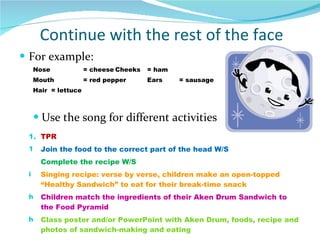 Continue with the rest of the face For example: Nose  = cheese Cheeks  = ham Mouth  = red pepper Ears  = sausage Hair  = lettuce Use the song for different activities TPR Join the food to the correct part of the head W/S Complete the recipe W/S Singing recipe: verse by verse, children make an open-topped “Healthy Sandwich” to eat for their break-time snack Children match the ingredients of their Aken Drum Sandwich to the Food Pyramid Class poster and/or PowerPoint with Aken Drum, foods, recipe and photos of sandwich-making and eating 