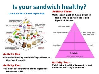 Is your sandwich healthy? Look at this Food Pyramid Activity Three Write each part of Aken Drum in the correct part of the Food Pyramid below. Activity One Circle the “healthy sandwich” ingredients on the Food Pyramid. Activity Two You can’t eat very much of one ingredient. Which one is it? head Activity Four Think of a healthy dessert to eat after the healthy sandwich. 