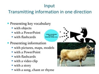 Presenting key vocabulary with objects with a PowerPoint with flashcards Presenting information with pictures, maps, models with a PowerPoint with flashcards with a video clip with a story with a song, chant or rhyme Input  Transmitting information in one direction Listen everybody! This is an  Asturian Valley cow. 