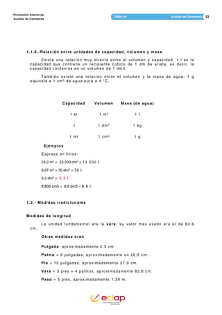12Auxiliar de CarreterasTEMA 04
Promoción Interna de
Auxiliar de Carreteras
1.1.6.-Relación entre unidades de capacidad, volumen y masa
Existe una relación muy directa entre el volumen y capacidad. 1 l es la
capacidad que contiene un recipiente cúbico de 1 dm de arista; es decir, la
capacidad contenida en un volumen de 1 dm3.
También existe una relación entre el volumen y la masa de agua. 1 g
equivale a 1 cm³ de agua pura a 4 °C.
Capacidad Volumen Masa (de agua)
1 kl 1 m³ 1 t
l 1 dm3
1 kg
1 ml 1 cm³ 1 g
Ejemplos
Expresa en litros:
23.2 m3
= 23 200 dm3
= 13 200 l
0.07 m3
= 70 dm3
= 70 l
5.2 dm3
= 5.2 l
8 800 cm3 = 8.8 dm3 = 8.8 l
1.2.- Medidas tradicionales
Medidas de longitud
La unidad fundamental era la vara, su valor más usado era el de 83.6
cm.
Otras medidas eran:
Pulgada: aproximadamente 2.3 cm
Palmo = 9 pulgadas, aproximadamente un 20.9 cm.
Pie = 12 pulgadas, aproximadamente 27.9 cm.
Vara = 3 pies = 4 palmos, aproximadamente 83.6 cm.
Paso = 5 pies, aproximadamente 1.39 m.
 