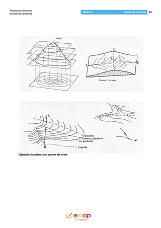 26Auxiliar de CarreterasTEMA 04
Promoción Interna de
Auxiliar de Carreteras
Ejemplo de plano con curvas de nivel
 