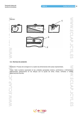 31Auxiliar de CarreterasTEMA 04
Promoción Interna de
Auxiliar de Carreteras
WWW.ECLAP.JCYL.ESWWW.ECLAP.JCYL.ES
WWW.ECLAP.JCYL.ESWWW.ECLAP.JCYL.ES
Ejemplo:
3.3.- Normas de acotación
Acotación: Proceso de consignar en un plano las dimensiones del cuerpo representado.
Cotas: Valor numérico expresado en las unidades apropiadas (metros, centímetros o milímetros) y
representado gráficamente en los dibujos con la ayuda de cifras, líneas, símbolos e incluso
observaciones escritas.
 