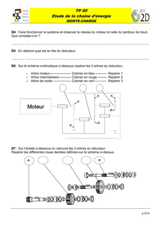 TP 05
                                           Etude de la chaîne d'énergie
                                                            MONTE-CHARGE
 

B4 : Faire fonctionner le système et observer la vitesse du moteur et celle du tambour de treuil.
Que constate-t-on ?

.............. ........................................................................................................................................

B5 : En déduire quel est le rôle du réducteur.

.............. ........................................................................................................................................

B6 : Sur le schéma cinématique ci-dessous repérer les 3 arbres du réducteur.

               o Arbre moteur ------------------- Colorier en bleu ---------- Repérer 1
               o Arbre intermédiaire ----------- Colorier en rouge -------- Repérer 2
               o Arbre de sortie ---------------- Colorier en vert ----------- Repérer 3

                                                                                                 




B7 : Sur l’éclaté ci-dessous on retrouve les 3 arbres du réducteur
Repérer les différentes roues dentées définies sur le schéma ci-dessus.

                rS                                                                            r2 




                                                                                                                                               p.5/10
 
