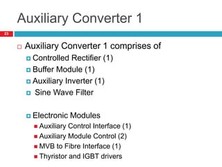Auxiliary Converter 1
 Auxiliary Converter 1 comprises of
 Controlled Rectifier (1)
 Buffer Module (1)
 Auxiliary Inverter (1)
 Sine Wave Filter
 Electronic Modules
 Auxiliary Control Interface (1)
 Auxiliary Module Control (2)
 MVB to Fibre Interface (1)
 Thyristor and IGBT drivers
23
 