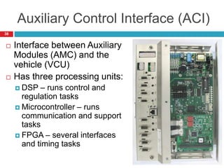 Auxiliary Control Interface (ACI)
 Interface between Auxiliary
Modules (AMC) and the
vehicle (VCU)
 Has three processing units:
 DSP – runs control and
regulation tasks
 Microcontroller – runs
communication and support
tasks
 FPGA – several interfaces
and timing tasks
38
 