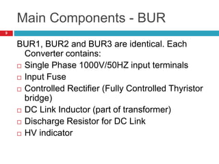 Main Components - BUR
BUR1, BUR2 and BUR3 are identical. Each
Converter contains:
 Single Phase 1000V/50HZ input terminals
 Input Fuse
 Controlled Rectifier (Fully Controlled Thyristor
bridge)
 DC Link Inductor (part of transformer)
 Discharge Resistor for DC Link
 HV indicator
9
 