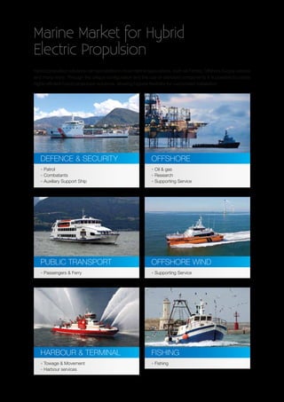 Marine Market for Hybrid
Electric Propulsion
• Oil  gas
• Research
• Supporting Service
OFFSHORE
• Patrol
• Combatants
• Auxiliary Support Ship
DEFENCE  SECURITY
• Towage  Movement
• Harbour services
HARBOUR  TERMINAL
• Supporting Service
OFFSHORE WIND
• Passengers  Ferry
PUBLIC TRANSPORT
Hybrid propulsion solutions can be installed in most marine applications, such as Ferries, Offshore Supply vessels
and many more. Through the unique configuration and the use of standard components it is possible to create
highly efficient hybrid propulsion solutions, allowing highest flexibility for customized installation.
• Fishing
FISHING
 