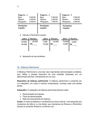 15
3. Calcule o Patrimônio Liquido.
4. Apresente ao seu professor.
10 – Balanço Patrimonial
O Balanço Patrimonial é uma das mais importantes demonstrações contábeis,
pois reflete a posição financeira de uma entidade (empresa) em um
determinado período, normalmente em um ano.
Requisitos do balanço patrimonial: O balanço patrimonial é composto por
um cabeçalho, um corpo e colunas comparativas, conheça cada uma destas
partes.
Cabeçalho: O cabeçalho do balanço patrimonial deverá conter:
 Denominação da empresa.
 Título da demonstração.
 Data de encerramento do balanço.
Corpo: O corpo do Balanço é constituído por duas colunas: a da esquerda que
chamamos de (Ativo), e a da direita, que chamamos de (Passivo e Patrimônio
líquido) ou somente (Passivo), conforme a lei.
 