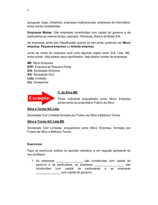4
açougues, lojas, indústrias, empresas multinacionais, empresas de informática,
entre outras modalidades.
Empresas Mistas: São empresas constituídas com capital do governo e de
particulares ao mesmo tempo, exemplo: Petrobras, Banco do Brasil S/A.
As empresas ainda são classificadas quanto ao seu porte, podendo ser Micro
empresa, Pequena empresa ou Grande empresa.
Junto ao nome da empresa você verá algumas siglas como S/A, Ltda. ME,
entre outras. Veja abaixo seus significados: Veja abaixo nomes de empresas:
ME: Micro Empresa
EPP: Empresa de Pequeno Porte
S/A: Sociedade Anônima
S/C: Sociedade Civil
Ltda: Limitada
Cia: Companhia
F. da Silva ME
Firma individual enquadrada como Micro Empresa
pertencente ao proprietário Fulano da Silva.
Silva e Torres S/C Ltda
Sociedade Civil Limitada formada por Fulano da Silva e Beltrano Torres.
Silva e Torres S/C Ltda ME
Sociedade Civil Limitada, enquadrada como Micro Empresa, formada por
Fulano da Silva e Beltrano Torres.
Exercícios
Faça os exercícios prática na apostila interativa, e em seguida apresente ao
seu professor.
1. As empresas ________________ são constituídas com capital do
governo e de particulares, as empresas __________________ são
construídas com capital de particulares e as empresas
_______________ com capital do governo.
 