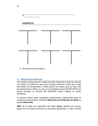 42
____________________________________________________
R$
________________
RAZONETES:
2. Apresente ao seu professor.
21 – Balancete de Verificação
Com certeza você já deve ter notado que todo lançamento é feito por meio de
um crédito e um débito de igual valor, contudo, podemos concluir que o valor
total obtido nos lançamentos a crédito deverá ser sempre igual ao valor total
dos lançamentos a débito, ou seja, se uma entidade possuir R$ 250.000,00 em
contas credoras, os mesmos R$ 250.000,00 devem totalizar as contas
devedoras.
É costume verificar essas igualdades periodicamente, relacionando todas as
contas em demonstrativos chamados Balancetes de Verificação do Razão ou
apenas Balancetes.
OBS: Se os totais dos balancetes não forem iguais, significa que ocorreu
algum erro nos passos anteriores ou no próprio lançamento, ou seja, os totais
 