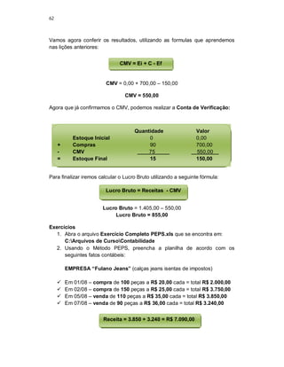 62
Vamos agora conferir os resultados, utilizando as formulas que aprendemos
nas lições anteriores:
CMV = 0,00 + 700,00 – 150,00
CMV = 550,00
Agora que já confirmamos o CMV, podemos realizar a Conta de Verificação:
Para finalizar iremos calcular o Lucro Bruto utilizando a seguinte fórmula:
Lucro Bruto = 1.405,00 – 550,00
Lucro Bruto = 855,00
Exercícios
1. Abra o arquivo Exercício Completo PEPS.xls que se encontra em:
C:Arquivos de CursoContabilidade
2. Usando o Método PEPS, preencha a planilha de acordo com os
seguintes fatos contábeis:
EMPRESA “Fulano Jeans” (calças jeans isentas de impostos)
 Em 01/08 – compra de 100 peças a R$ 20,00 cada = total R$ 2.000,00
 Em 02/08 – compra de 150 peças a R$ 25,00 cada = total R$ 3.750,00
 Em 05/08 – venda de 110 peças a R$ 35,00 cada = total R$ 3.850,00
 Em 07/08 – venda de 90 peças a R$ 36,00 cada = total R$ 3.240,00
CMV = Ei + C - Ef
Quantidade Valor
Estoque Inicial 0 0,00
+ Compras 90 700,00
- CMV ____75_____ 550,00__
= Estoque Final 15 150,00
Lucro Bruto = Receitas - CMV
Receita = 3.850 + 3.240 = R$ 7.090,00
 