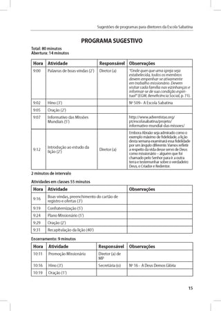 Sugestóes de programas para diretores da Escola Sabatina
PROGRAMA SUGESTIVO
Total: 80 minutos
Abertura: 14 minutos
Hora Atividade Responsável Observares
9 :0 0 Palavras d e b o as-vln d as (2') D ireto r (a) “O n d e q u e r q u e u m a igreja seja
esta b elecid a , to d o s o s m em b ro s
d e ve m em p e n h a r-se a tiv a m e n te
em tra b a lh o m ission á rio . D evem
v isita r ca d a fa m ilia n a s vizin h a n ga s e
in fo rm a r-se d e su a con d ig ao espiri­
tu a l" (EGW , B en eficen cia S o cia l, p. 71).
9 :0 2 H lno (3') No 5 0 9 - A Escola Sab atin a
9:05 O r a d o (2')
9 :0 7 In fo rm ativo d as M issóes
M u n d iais (5')
h ttp://w w w .adventistas.o rg/
pt/escolasabatina/projeto/
inform ativo-m undial-das-m issoes/
9 :1 2
In t r o d u jo ao e stu d o da
ligáo (2')
D ireto r (a)
Embora Abraáo seja adm irado como o
exem plo m áxim o de fidelidade, a ligáo
desta sem ana exam inará essa fidelidade
por um ángulo diferente. Vamos refletir
a respeito da vida desse servo de Deus
como m issionário - alguém que foi
cham ado pelo Senhor para ir a outra
terra e testem unhar sobre o verdadeiro
Deus, o Criador e Redentor.
2 minutos de intervalo
Atividades em classes 55 minutos
Hora Atividade Observares
9 :1 6
B o as-vin d as, p re e n ch im e n to do ca rtá o de
reg istro e o fe rtas (3')
9 :1 9 C o n fra te rn iz a d o (5')
9 :2 4 Plan o M issio n ário (5')
9 :2 9 O ra$áo (2 ')
9:31 R e cap itu la d o da ligáo (40')
Encerramento: 9 minutos
Hora Atividade Responsável Observares
10:11 Pro m o d o M issio n ária D ireto r (a) de
M P
10:16 H ino (3') S e cre tária (o) No 16 - A Deus D em os Gloria
10:19 O r a d o (1')
15
 