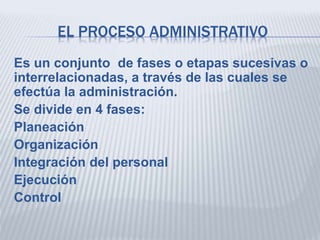 EL PROCESO ADMINISTRATIVO
Es un conjunto de fases o etapas sucesivas o
interrelacionadas, a través de las cuales se
efectúa la administración.
Se divide en 4 fases:
Planeación
Organización
Integración del personal
Ejecución
Control
 