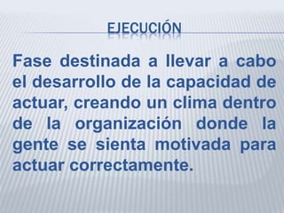 EJECUCIÓN
Fase destinada a llevar a cabo
el desarrollo de la capacidad de
actuar, creando un clima dentro
de la organización donde la
gente se sienta motivada para
actuar correctamente.
 