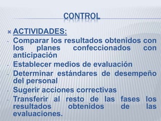 CONTROL
 ACTIVIDADES:
- Comparar los resultados obtenidos con
los planes confeccionados con
anticipación
- Establecer medios de evaluación
- Determinar estándares de desempeño
del personal
- Sugerir acciones correctivas
- Transferir al resto de las fases los
resultados obtenidos de las
evaluaciones.
 