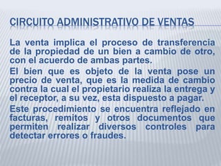 CIRCUITO ADMINISTRATIVO DE VENTAS
La venta implica el proceso de transferencia
de la propiedad de un bien a cambio de otro,
con el acuerdo de ambas partes.
El bien que es objeto de la venta pose un
precio de venta, que es la medida de cambio
contra la cual el propietario realiza la entrega y
el receptor, a su vez, esta dispuesto a pagar.
Este procedimiento se encuentra reflejado en
facturas, remitos y otros documentos que
permiten realizar diversos controles para
detectar errores o fraudes.
 