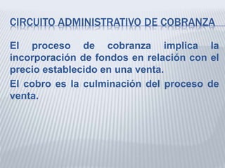 CIRCUITO ADMINISTRATIVO DE COBRANZA
El proceso de cobranza implica la
incorporación de fondos en relación con el
precio establecido en una venta.
El cobro es la culminación del proceso de
venta.
 