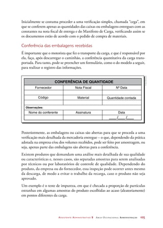 Assistente Administrativo 2 Arco Ocupacional Administração	 105
Inicialmente se costuma proceder a uma verificação simples, chamada “cega”, em
que se conferem apenas as quantidades das caixas ou embalagens entregues com as
constantes na nota fiscal de entrega e do Manifesto de Carga, verificando assim se
os documentos estão de acordo com o pedido de compra de materiais.
Conferência das embalagens recebidas
É importante que o motorista que fez o transporte da carga, e que é responsável por
ela, faça, após descarregar o caminhão, a conferência quantitativa da carga trans-
portada. Para tanto, pode-se preencher um formulário, como o do modelo a seguir,
para realizar o registro das informações.
CONFERÊNCIA DE QUANTIDADE
Fornecedor
Código
Observações:
Nome do conferente Assinatura Data
Material Quantidade contada
Nota Fiscal Nº Data
/ /
©DanielBeneventi
Posteriormente, as embalagens ou caixas são abertas para que se proceda a uma
verificação mais detalhada da mercadoria entregue – o que, dependendo da prática
adotada na empresa e/ou dos volumes recebidos, pode ser feito por amostragem, ou
seja, apenas parte das embalagens são abertas para a conferência.
Existem produtos que demandam uma análise mais detalhada de sua qualidade
ou características e, nesses casos, são separadas amostras para serem analisadas
por técnicos ou por laboratórios de controle de qualidade. Dependendo do
produto, da empresa ou do fornecedor, essa inspeção pode ocorrer antes mesmo
da descarga, de modo a evitar o trabalho da recarga, caso o produto não seja
aprovado.
Um exemplo é o teste de impureza, em que é checada a proporção de partículas
estranhas em algumas amostras do produto escolhidas ao acaso (aleatoriamente)
em pontos diferentes da carga.
 