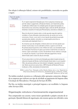 12	 Arco Ocupacional Administração Assistente Administrativo 2
Em relação à tributação federal, existem três possibilidades, mostradas no quadro
a seguir.
Tipo de opção
tributária
Descrição
Simples
Nacional
É um regime especial de tributação para micro e pequenas empresas que
permite realizar o pagamento unificado de tributos, com tratamento jurídico
simplificado e diferenciado. As condições gerais de opção são baseadas no
faturamento anual, excluindo as deduções legais, sendo de até R$ 360.000,00
(trezentos e sessenta mil reais) para Microempresa, excluindo as vedações. [...]
Lucro real
Base de cálculo do imposto sobre a renda apurada segundo registros
contábeis e fiscais efetuados sistematicamente, de acordo com as leis
comerciais e fiscais. Lucro real é o lucro líquido do período de apuração
ajustado pelas adições, exclusões ou compensações prescritas ou
autorizadas pela legislação fiscal. [...]
As empresas que são obrigadas a tributar pelo lucro real são aquelas que:
tenham receita total, no ano-calendário anterior, superior ao limite de
R$ 48.000.000,00 (quarenta e oito milhões de reais); suas atividades sejam
de instituições financeiras em geral; que tiverem rendimentos oriundos do
exterior; sejam autorizadas a usufruir de benefícios fiscais relativos à isenção
ou redução do imposto; e que tenham efetuado pagamento mensal
determinado sobre a base de cálculo estimada.
Lucro
presumido
O lucro presumido é uma forma de tributação para determinação da base de
cálculo do Imposto de Renda e da [Contribuição Social sobre o Lucro Líquido] –
CSLL das pessoas jurídicas que não estiverem obrigadas à apuração do lucro
real. Neste caso do lucro presumido, o IRPJ [Imposto de Renda de Pessoas
Jurídicas] e a CSLL são devidos trimestralmente.
ROSA, Lucilene Faria. Tributação: cartilha. Brasília: Sebrae, 2012. p. 7-9. Disponível em:
http://www.sebraesp.com.br/arquivos_site/biblioteca/guias_cartilhas/na_medida_
tributacao.pdf. Acesso em: 26 mar. 2015.
No âmbito estadual, encontra-se a tributação sobre operações comerciais, obrigan-
do as empresas que realizam esse tipo de atividade ao pagamento do Imposto sobre
Circulação de Mercadorias e Prestação de Serviços (ICMS).
Por fim, no âmbito municipal, o principal imposto a ser recolhido é o Imposto
sobre Serviços (ISS).
Organização: estrutura e funcionamento organizacional
Para compreender esse assunto, vamos iniciar aprendendo o próprio conceito de or-
ganização. Quando falamos de organização, não estamos apenas nos referindo a uma
 