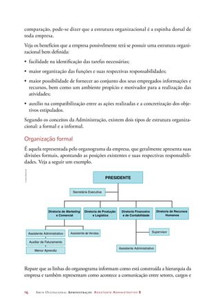 14	 Arco Ocupacional Administração Assistente Administrativo 2
comparação, pode-se dizer que a estrutura organizacional é a espinha dorsal de
toda empresa.
Veja os benefícios que a empresa possivelmente terá se possuir uma estrutura organi-
zacional bem definida:
•	 facilidade na identificação das tarefas necessárias;
•	 maior organização das funções e suas respectivas responsabilidades;
•	 maior possibilidade de fornecer ao conjunto dos seus empregados informações e
recursos, bem como um ambiente propício e motivador para a realização das
atividades;
•	 auxílio na compatibilização entre as ações realizadas e a concretização dos obje-
tivos estipulados.
Segundo os conceitos da Administração, existem dois tipos de estrutura organiza-
cional: a formal e a informal.
Organização formal
É aquela representada pelo organograma da empresa, que geralmente apresenta suas
divisões formais, apontando as posições existentes e suas respectivas responsabili-
dades. Veja a seguir um exemplo.
PRESIDENTE
Secretária Executiva
Diretoria de Marketing
e Comercial
Diretoria de Produção
e Logística
Diretoria Financeira
e de Contabilidade
Diretoria de Recursos
Humanos
Assistente Administrativo
Assistente Administrativo
Assistente de Vendas
Auxiliar de Faturamento
Menor Aprendiz
Supervisor
Repare que as linhas do organograma informam como está construída a hierarquia da
empresa e também representam como acontece a comunicação entre setores, cargos e
©DanielBeneventi
 