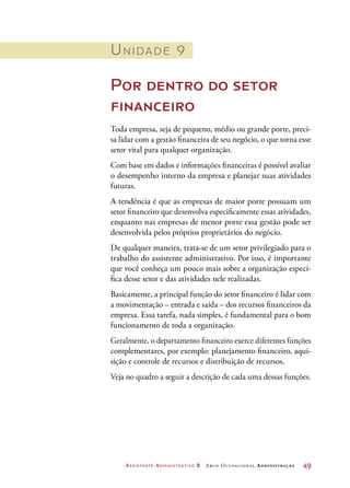 Assistente Administrativo 2 Arco Ocupacional Administração	 49
Unidade 9
Por dentro do setor
financeiro
Toda empresa, seja de pequeno, médio ou grande porte, preci-
sa lidar com a gestão financeira de seu negócio, o que torna esse
setor vital para qualquer organização.
Com base em dados e informações financeiras é possível avaliar
o desempenho interno da empresa e planejar suas atividades
futuras.
A tendência é que as empresas de maior porte possuam um
setor financeiro que desenvolva especificamente essas atividades,
enquanto nas empresas de menor porte essa gestão pode ser
desenvolvida pelos próprios proprietários do negócio.
De qualquer maneira, trata-se de um setor privilegiado para o
trabalho do assistente administrativo. Por isso, é importante
que você conheça um pouco mais sobre a organização especí-
fica desse setor e das atividades nele realizadas.
Basicamente, a principal função do setor financeiro é lidar com
a movimentação – entrada e saída – dos recursos financeiros da
empresa. Essa tarefa, nada simples, é fundamental para o bom
funcionamento de toda a organização.
Geralmente, o departamento financeiro exerce diferentes funções
complementares, por exemplo: planejamento financeiro, aqui-
sição e controle de recursos e distribuição de recursos.
Veja no quadro a seguir a descrição de cada uma dessas funções.
 