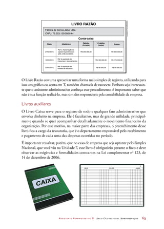 Assistente Administrativo 2 Arco Ocupacional Administração	 63
Ilustrações:©DanielBeneventi
O Livro Razão costuma apresentar uma forma mais simples de registro, utilizando para
isso um gráfico ou conta em T, também chamada de razonete. Embora seja interessan-
te que o assistente administrativo conheça esse procedimento, é importante saber que
não é sua função realizá-lo, mas sim dos responsáveis pela contabilidade da empresa.
Livros auxiliares
O Livro Caixa serve para o registro de todo e qualquer fato administrativo que
envolva dinheiro na empresa. Ele é facultativo, mas de grande utilidade, principal-
mente quando se quer acompanhar detalhadamente o movimento financeiro da
organização. Por esse motivo, na maior parte das empresas, o preenchimento desse
livro fica a cargo da tesouraria, que é o departamento responsável pelo recebimento
e pagamento de cada uma das despesas ocorridas no período.
É importante ressaltar, porém, que no caso de empresa que seja optante pelo Simples
Nacional, que você viu na Unidade 7, esse livro é obrigatório perante o fisco e deve
observar as exigências e formalidades constantes na Lei complementar no
123, de
14 de dezembro de 2006.
DEVE C A I X A HAVER
01
LIVRO RAZÃO
Conta-caixa
Data Histórico
Ref. à implantação do
capital disponibilizado
pela união societária
Ref. à aquisição de
máquinas e equipamentos
Ref. à aquisição de
móveis de escritório
27/02/2015
Fábrica de Serras Jabur Ltda.
CNPJ: 75.253.125/0001-44
R$ 350.000,00
R$ 180.000,00 R$ 170.000,00
R$ 80.000,00 R$ 90.000,00
R$ 350.000,00
16/03/2015
23/04/2015
Débito
(Entradas)
Crédito
(Saídas) Saldo
 