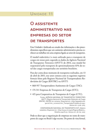 Assistente Administrativo 2 Arco Ocupacional Administração	 89
Unidade 11
O assistente
administrativo nas
empresas do setor
de transportes
Esta Unidade é dedicada ao estudo das informações e dos proce-
dimentos específicos que um assistente administrativo precisa co-
nhecer ao trabalhar em uma empresa ligada ao setor de transportes.
O modal rodoviário é o mais utilizado para o transporte de
cargas em nosso país; segundo os dados da Agência Nacional
de Transportes Terrestres (ANTT) de 2014, esse modal foi
responsável pelo transporte de aproximadamente 61% do to-
tal das cargas transportadas em território brasileiro.
Para dar conta desse montante de transportes realizados, em 13
de abril de 2015, esse setor contava com os seguintes registros
formais feitos pelo Registro Nacional de Transportadores Ro-
doviários de Cargas (RNTRC) na ANTT:
•	 868 957 Transportadores Autônomos de Cargas (TAC);
•	 174 311 Empresas de Transportes de Cargas (ETC);
•	 415 para Cooperativas de Transportes de Cargas (CTC).
Fontes: AGÊNCIA NACIONAL DE TRANSPORTES TERRESTRES
(ANTT). Registro Nacional do Transportador Rodoviário de Cargas
(RNTRC). RNTRC em números. Disponível em: http://appweb2.antt.
gov.br/rntrc_numeros/rntrc_TransportadorFrotaVeiculo.asp.
Acesso em: 13 abr. 2015.
CONFEDERAÇÃO NACIONAL DO TRANSPORTE (CNT). Boletim
estatístico. Disponível em: http://www.cnt.org.br/Paginas/Boletins_
Detalhes.aspx?b=3. Acesso em: 26 mar. 2015.
Pode-se dizer que a organização de empresas no ramo de trans-
portes de cargas no Brasil é algo recente. Do ponto de vista formal,
 
