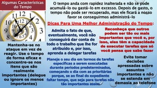 Algumas Características
do Tempo
O tempo anda com rapidez inalterada e não se pode
acumulá-lo ou gastá-lo em excesso. Depois de gasto, o
tempo não pode ser recuperado, mas ele ficará a nosso
favor se conseguirmos administrá-lo
Dicas Para Uma Melhor Administração do Tempo:
Admita o fato de que,
eventualmente, você não
conseguirá dar conta de
todo o trabalho que lhe for
atribuído e, por isso,
aprenda a delegar tarefas
Reconheça que outros
podem ser tão ou mais
importantes que você e, por
isso, eles têm a capacidade
de executar tarefas que só
você pensa que sabe fazer
Mantenha-se no
ataque em vez de
reagir. Use o tempo
de forma eficaz e
concentre-se nos
itens que são
realmente
importantes (delegue
ou ignore os menos
importantes)
Planeje o seu dia em termos de tarefas
específicas a serem executadas
durante períodos predeterminados,
começando o dia com as prioritárias
porque, se ao final do expediente
faltar tempo, que seja para tarefas não
tão importantes assim
Evite tomar
decisões
apressadas sobre
assuntos
importantes e não
se estenda em
demasia ao telefone
 