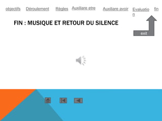 FIN : MUSIQUE ET RETOUR DU SILENCE
exit
objectifs Déroulement Règles Auxiliare etre Auxiliare avoir Evaluatio
n
fin
 