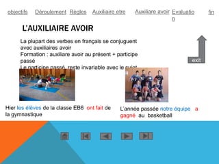 L’AUXILIAIRE AVOIR
exit
La plupart des verbes en français se conjuguent
avec auxiliaires avoir
Formation : auxiliare avoir au présent + participe
passé
Le participe passé reste invariable avec le sujet
Hier les élëves de la classe EB6 ont fait de
la gymnastique
L’année passée notre équipe a
gagné au basketball
objectifs Déroulement Règles Auxiliaire etre Auxiliare avoir Evaluatio
n
fin
 