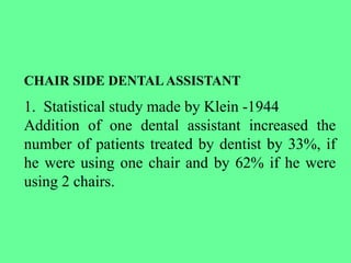 CHAIR SIDE DENTALASSISTANT
1. Statistical study made by Klein -1944
Addition of one dental assistant increased the
number of patients treated by dentist by 33%, if
he were using one chair and by 62% if he were
using 2 chairs.
 