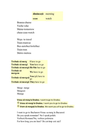 dimineaţă morning
ceas watch
Branza-cheese
Veche-veke
Maine-tomorrow
cheas-ceas-watch
Ways to travel
Tram-tramvai
Bus-autobuz/troleibuz
Train-tren
Metro-metrou
Trebuie să merg I have to go
Trebuie să mergi You have to go
Trebuie să meargă He/She has to go
Trebuie să
mergem
We have to go
Trebuie să mergeţi
You (pl) have to
go
Trebuie să meargă They have to go
Mergi- merge
Mergezzi
Mearga
Vreau să merg la Oradea. I want to go to Oradea.
Vreau să mergi la Oradea. I want you to go to Oradea.
Vrem să mergeţi la Oradea. We want you all to go to Oradea.
I want to go to Bucharest-Vreau sa merg la Bucuresti
Do you speak romanian? No I speak polish.
Vorbesti Romana?Nu, vorbesc poloneza
For how long you are here? De cat timp esti aici?
 